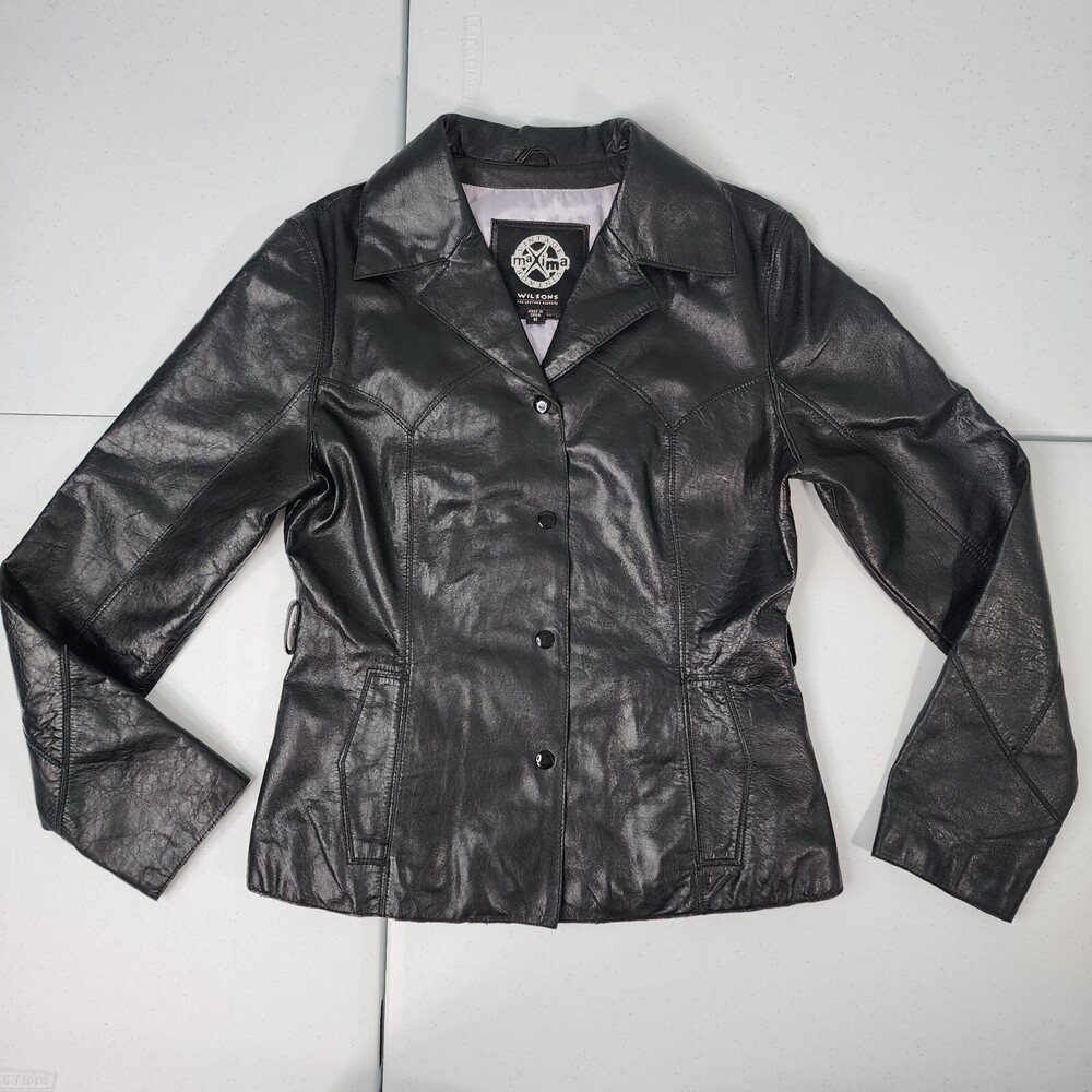 Wilsons Leather Vintage Black Soft Leather Maxima Blazer Jacket Women M 4 Snaps